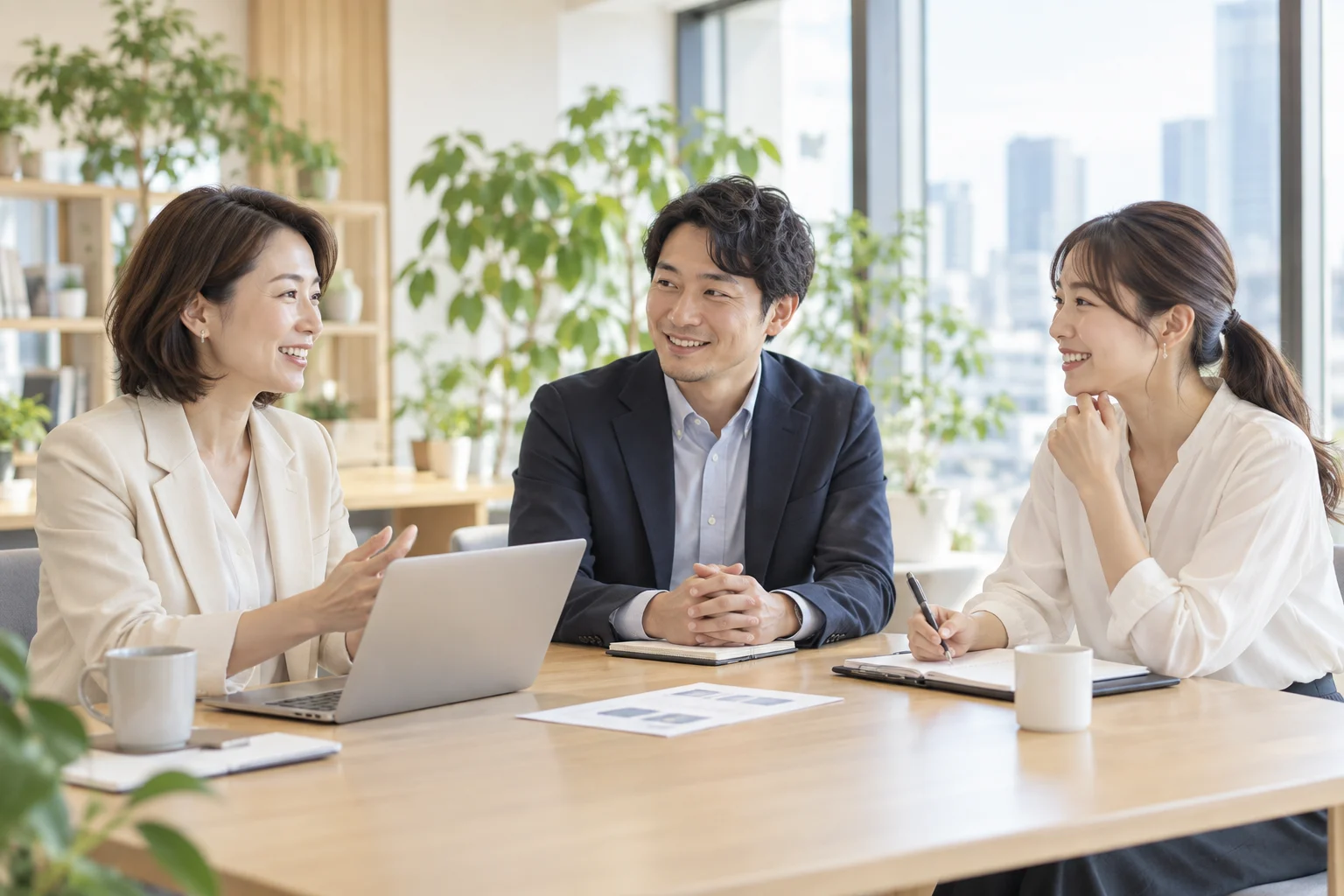 明るいオフィスで、働く環境について話し合うビジネスパーソンのイメージ